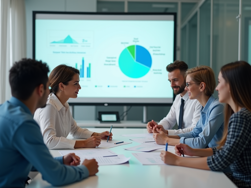 Professionals in a meeting discussing charts displayed on a projector screen.