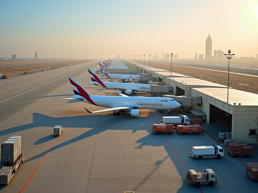 Row of airplanes at airport gates during sunset with city skyline in the background.