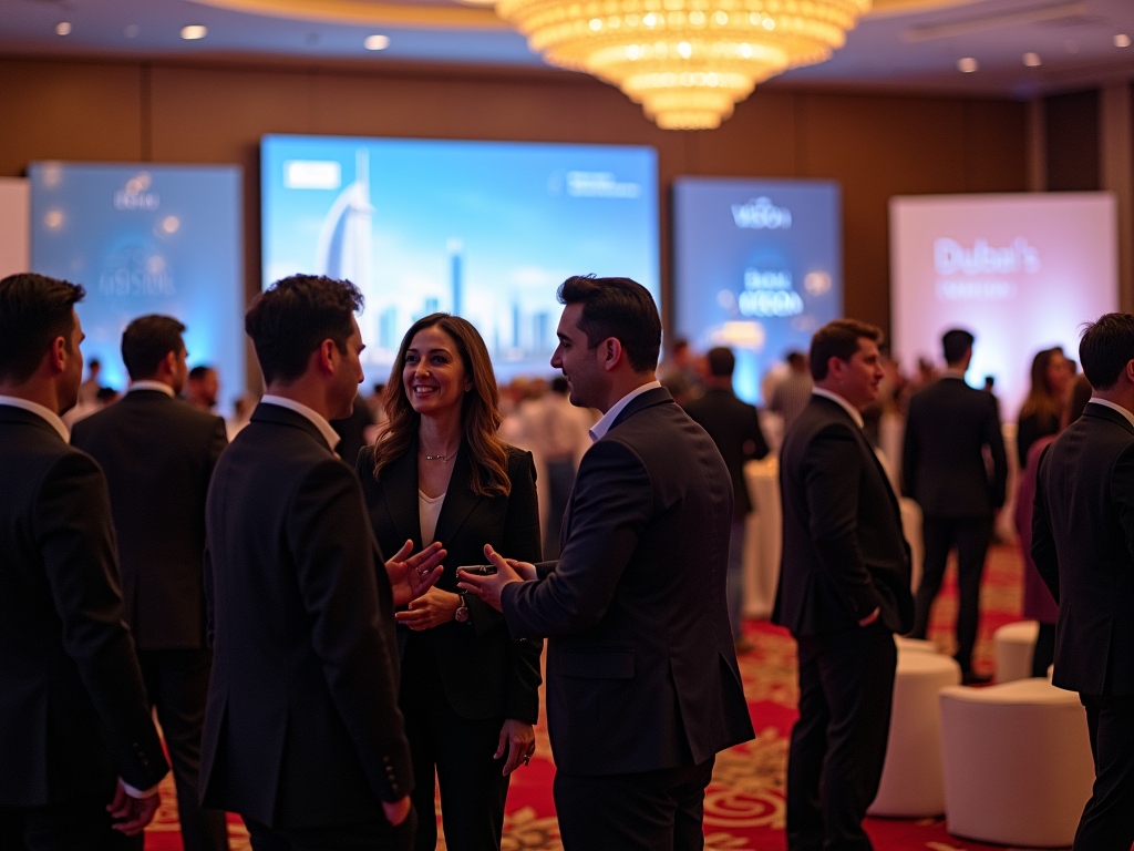 Professionals networking at a conference event with elegant decor and "Dubai's Vision" banners.