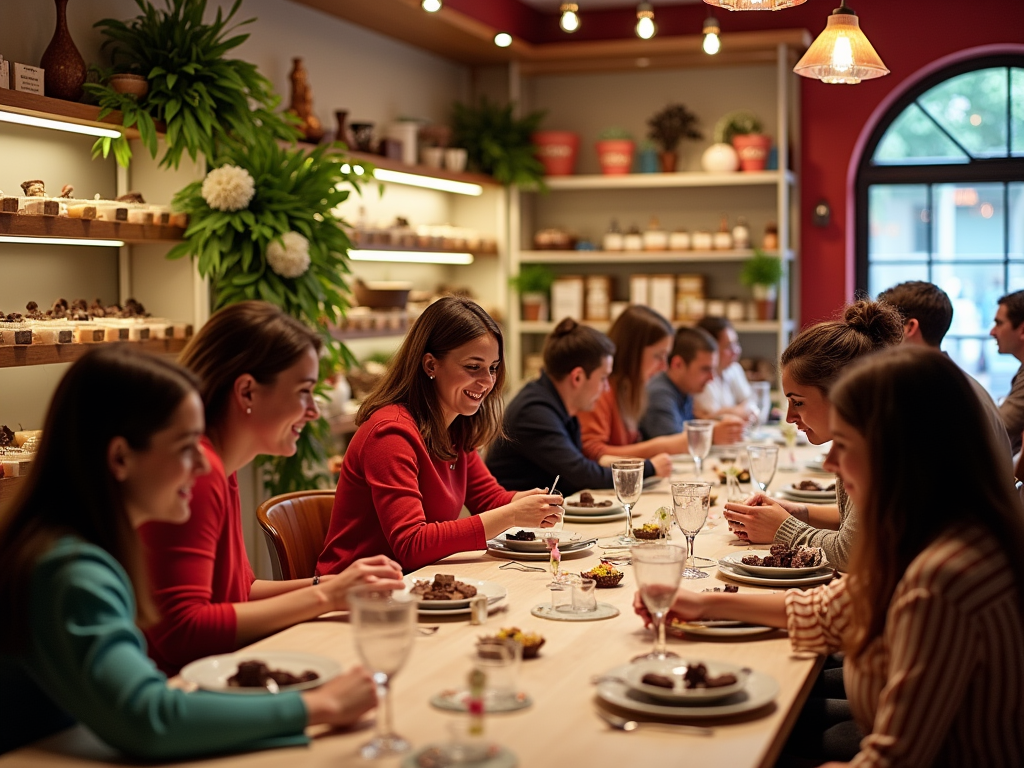 A joyful dinner party with friends enjoying dessert in a cozy, warmly lit setting, surrounded by greenery.