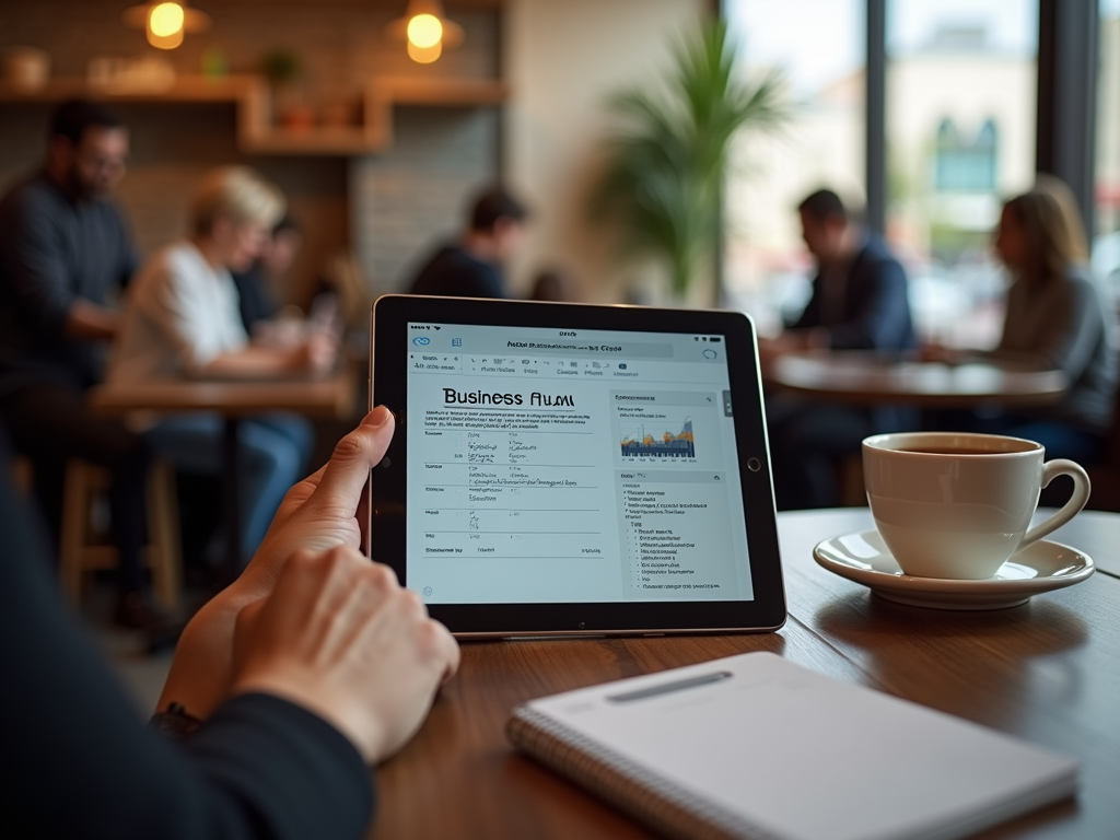 Person holding an iPad with a business document on the screen in a busy cafe, with a coffee cup in the foreground.