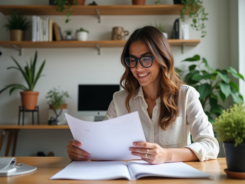 Woman in glasses reviews documents at home office setup with computer and plants.