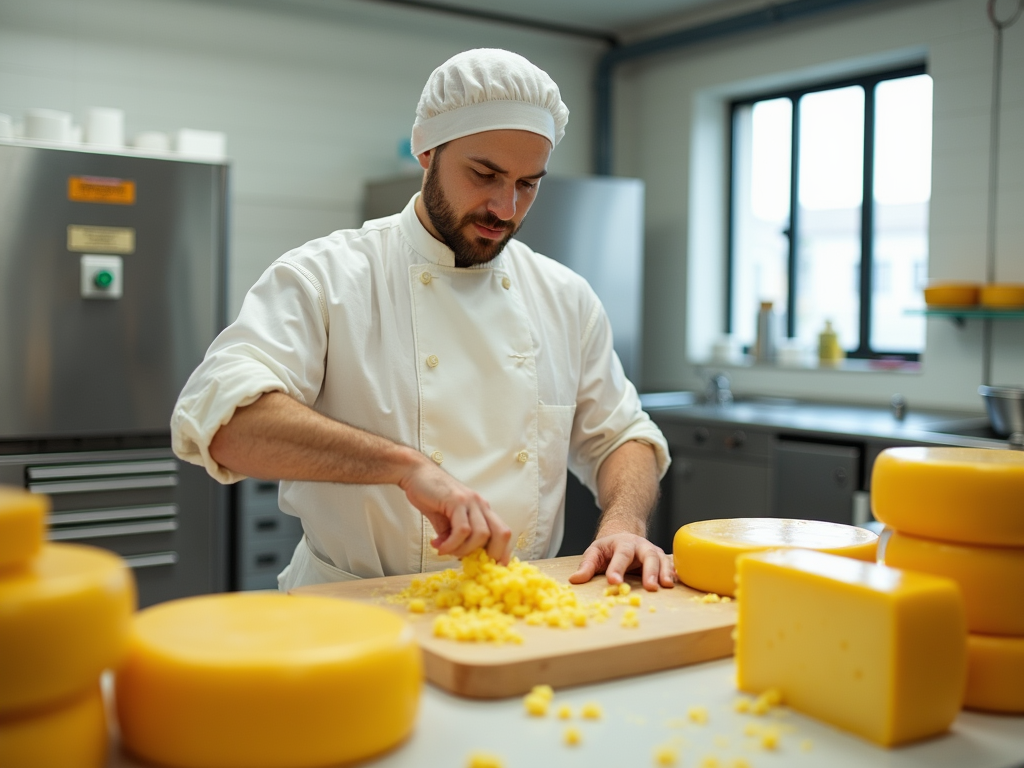 A chef in a kitchen grates yellow cheese on a cutting board, surrounded by large cheese wheels.