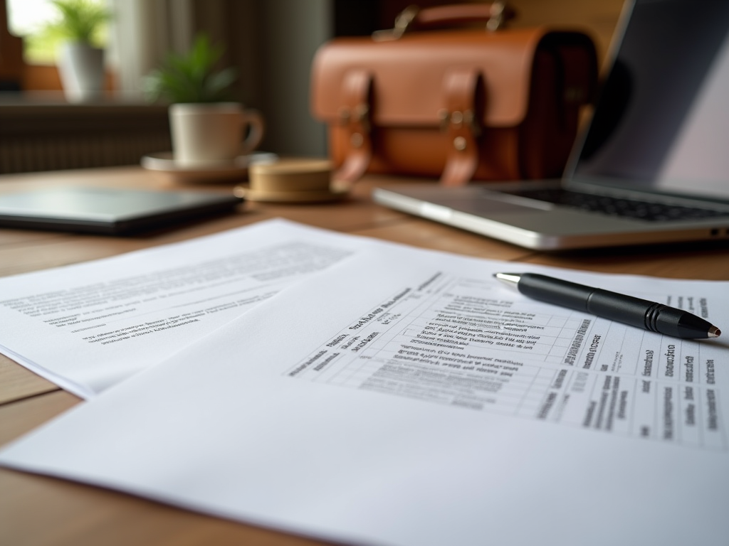 A close-up of a workspace with documents, a pen, a laptop, and a briefcase in the background.