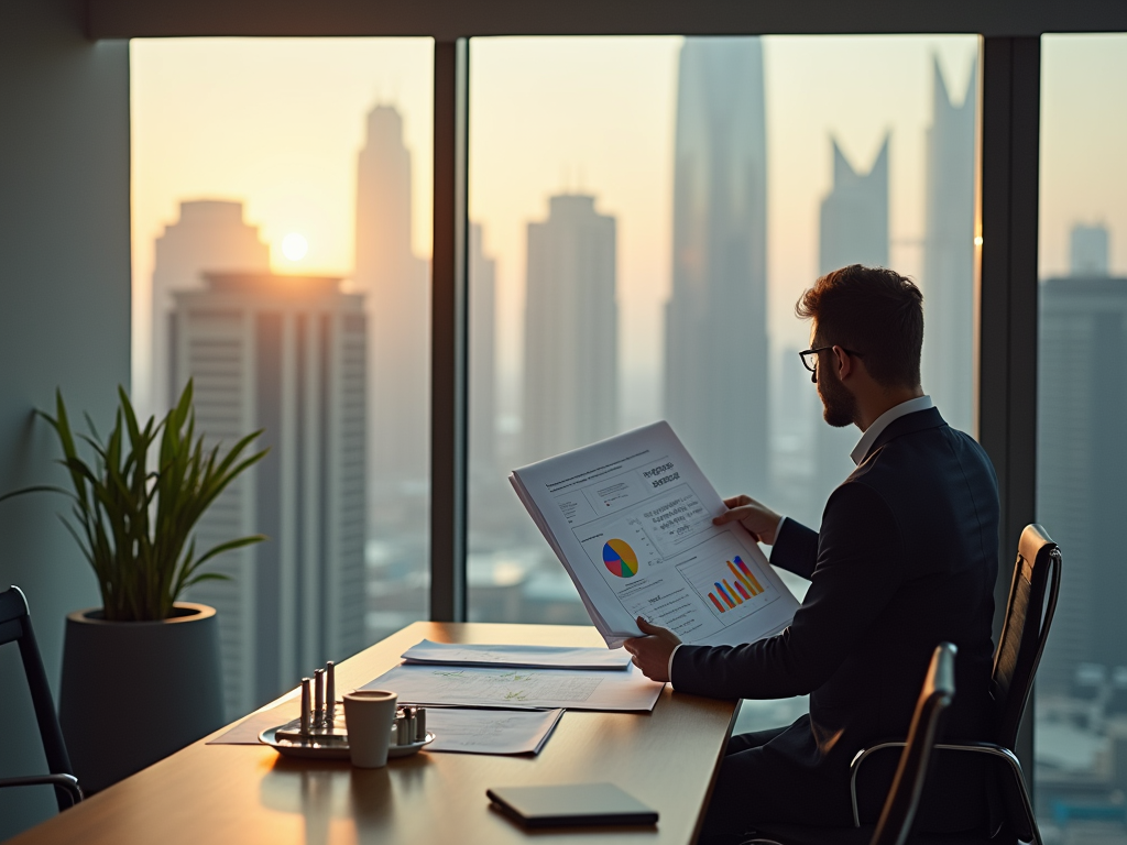 A businessman in a suit examines charts and graphs, overlooking a city skyline at sunset from a modern office.