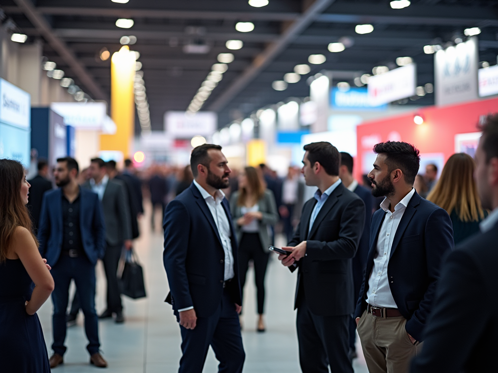 Business professionals networking at a crowded trade show with colorful booths and lighting.