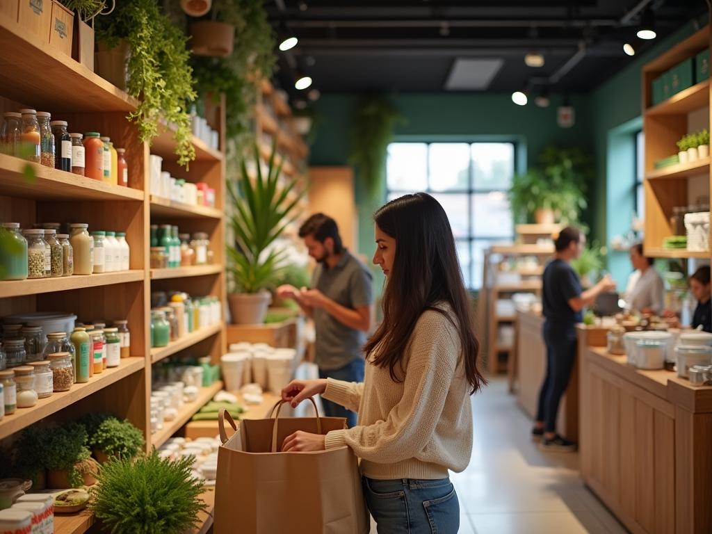 A woman examines products on shelves in a cozy store filled with plants, while others shop in the background.