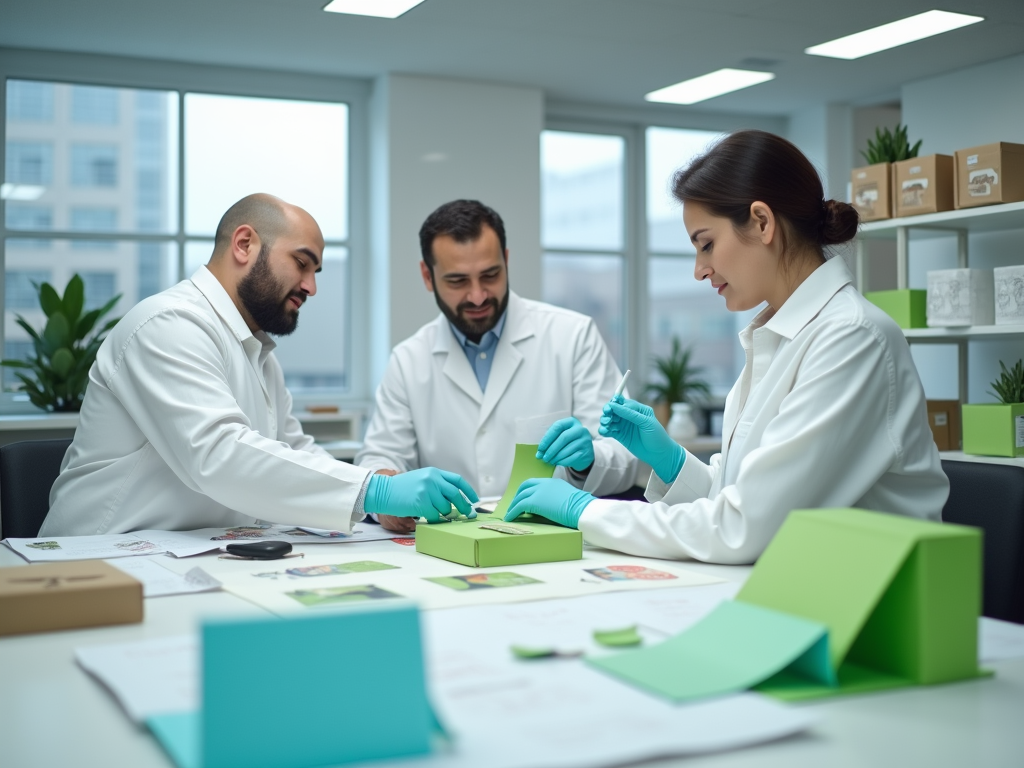 Three professionals in lab coats and gloves collaborate around a table filled with green packaging materials and papers.