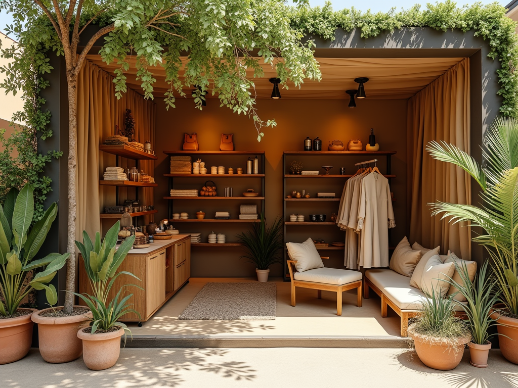 Cozy outdoor boutique setup with wooden shelves, lounging area, plants, and earth tones.