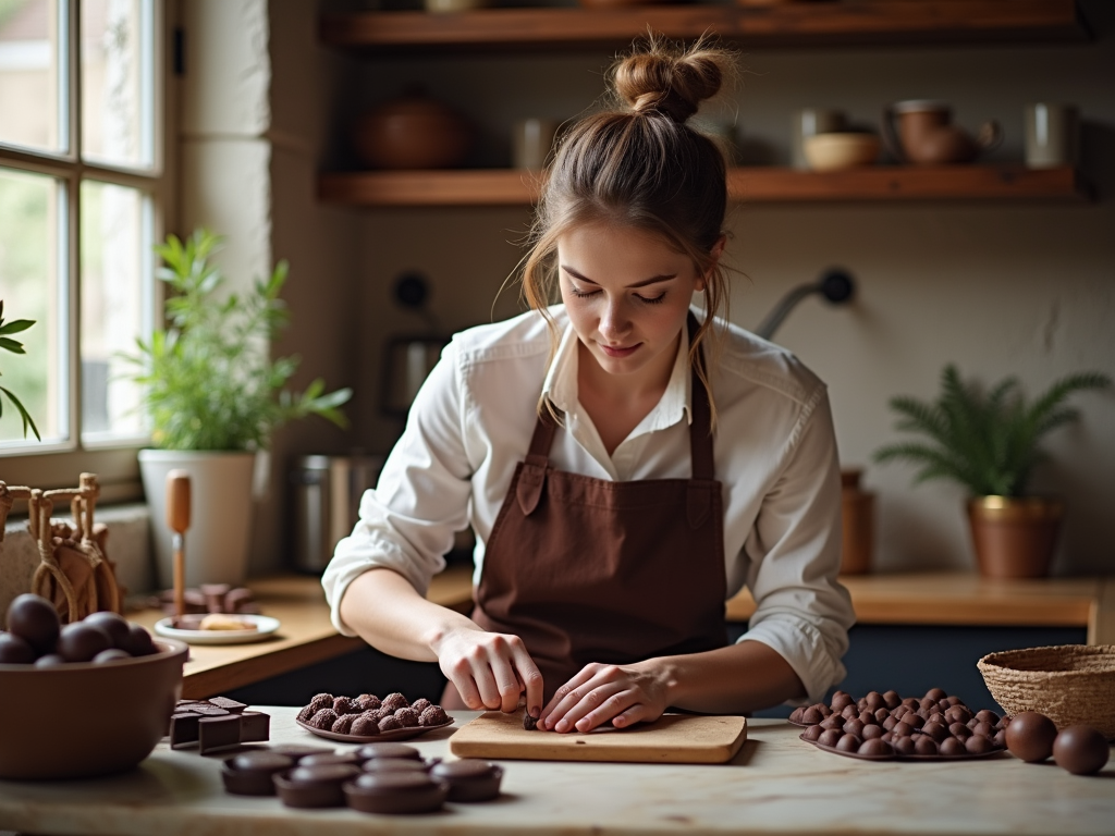 A focused woman in an apron crafts chocolates in a cozy kitchen, surrounded by various chocolate treats and ingredients.