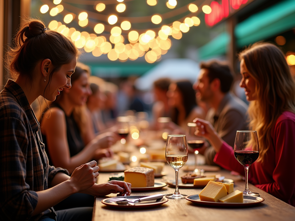 A lively outdoor dining scene with people enjoying cheese and wine under string lights in a warm atmosphere.