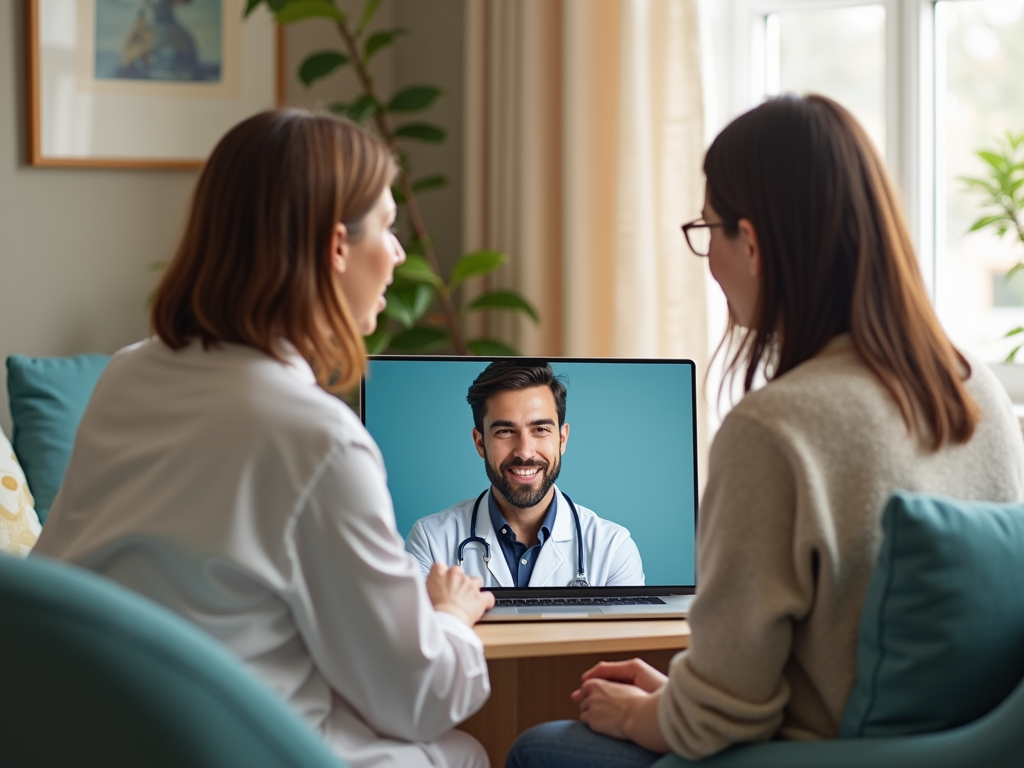 Two women engage in a telemedicine consultation with a male doctor smiling on the laptop screen.