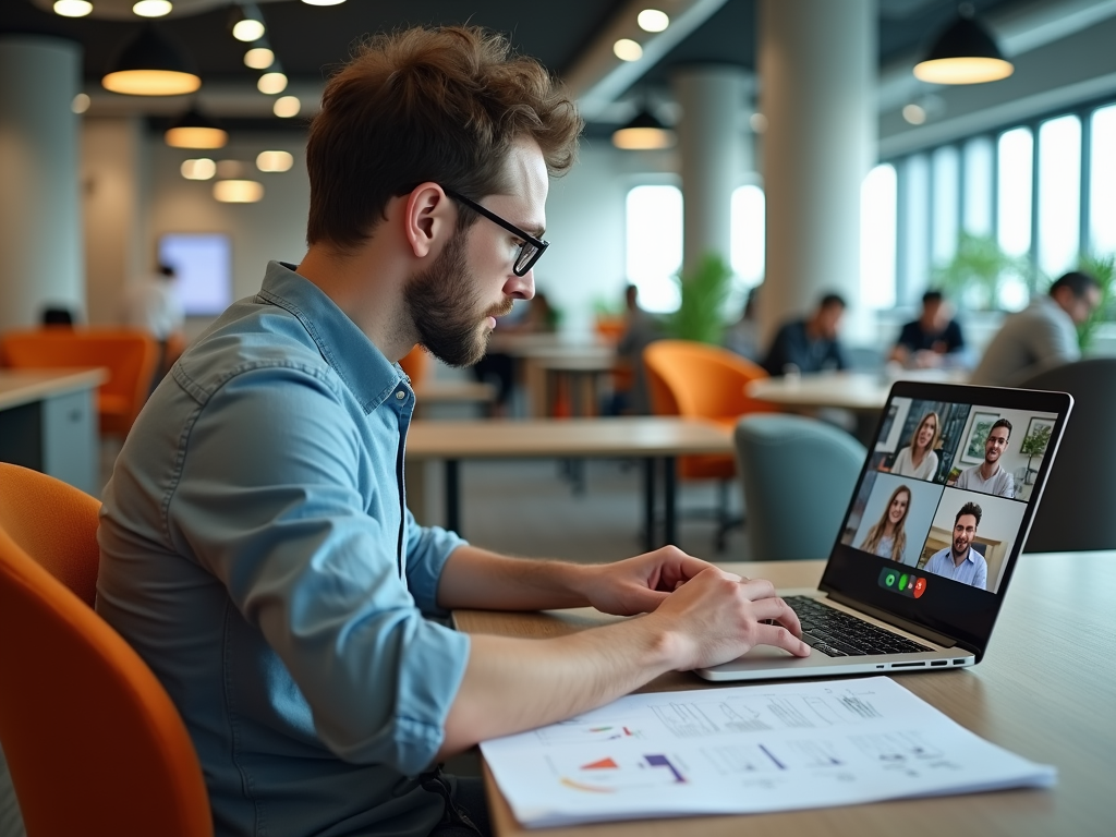 A man with glasses participates in a video call on his laptop, surrounded by colleagues in a modern office.