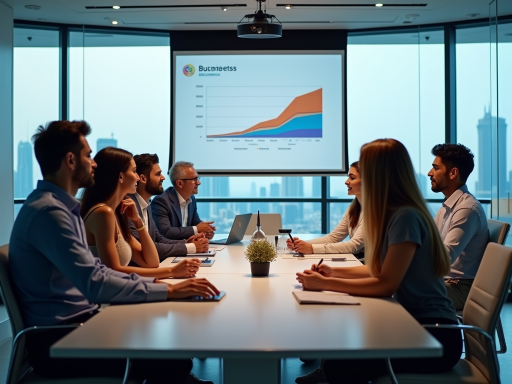 Business team in a meeting discussing growth using a projection in a modern office with city skyline.