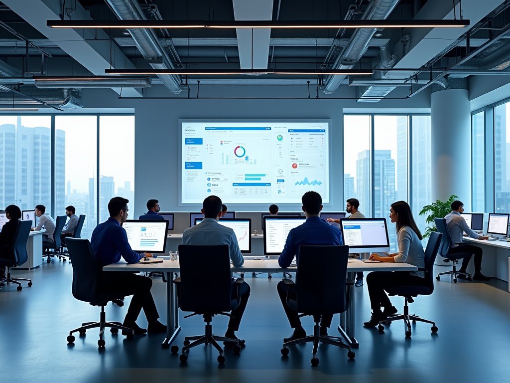 A modern office with several employees at desks working on computers and a large screen displaying data analysis.