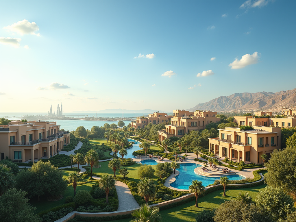 Luxury resort with multiple pools and villas overlooking a sea and city skyline, nestled against mountains.