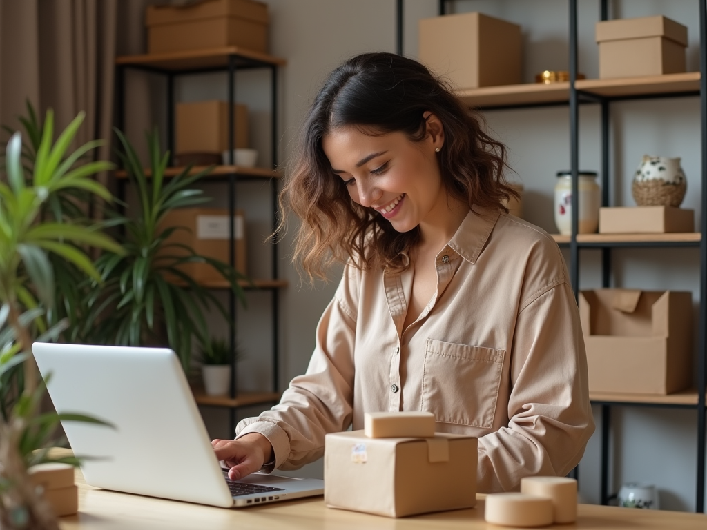 Woman working on laptop in a home office surrounded by shelves with boxes.