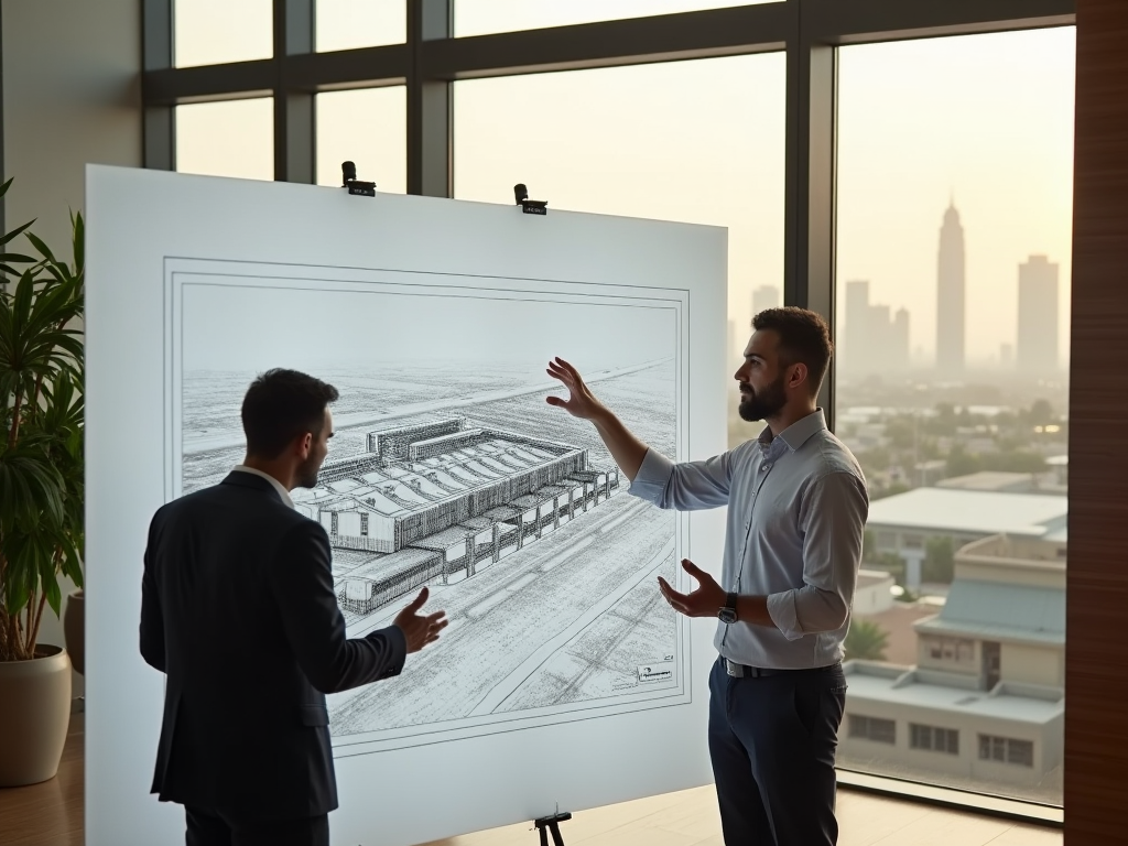 Two men discussing architectural plans on a board in a bright office with a city skyline in the background.