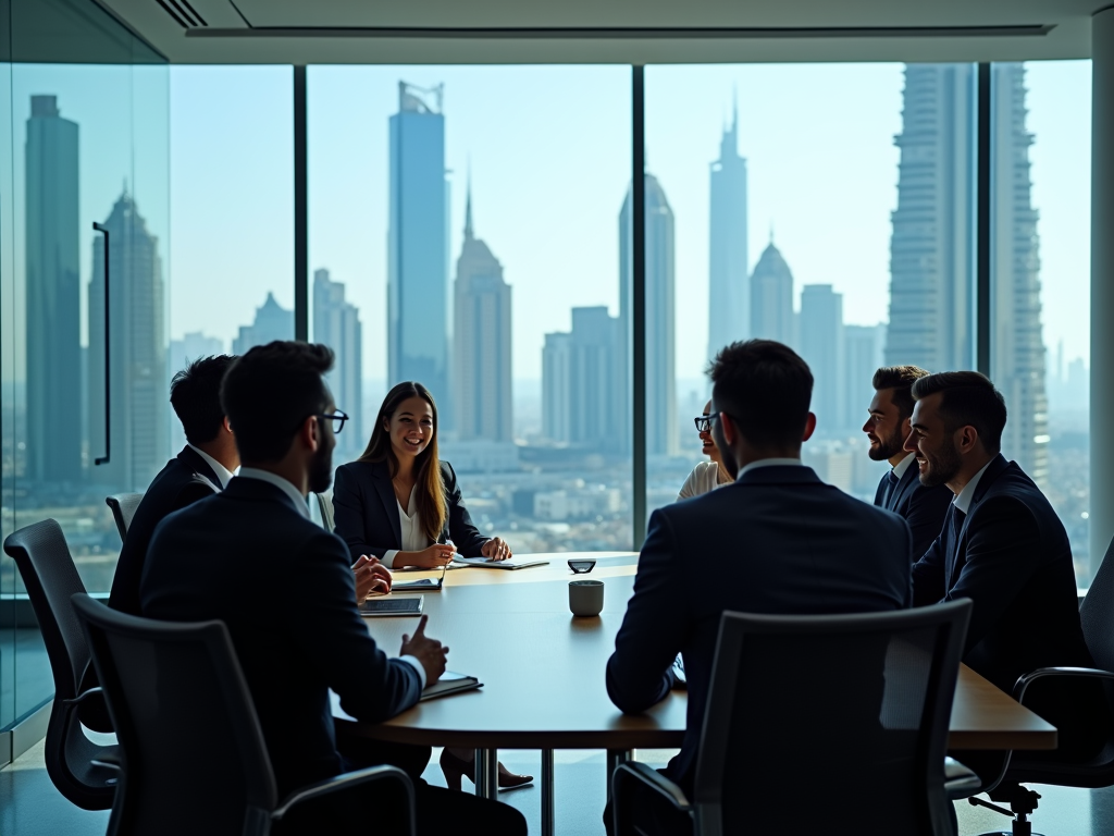 Business meeting in a high-rise office with city skyline in background.