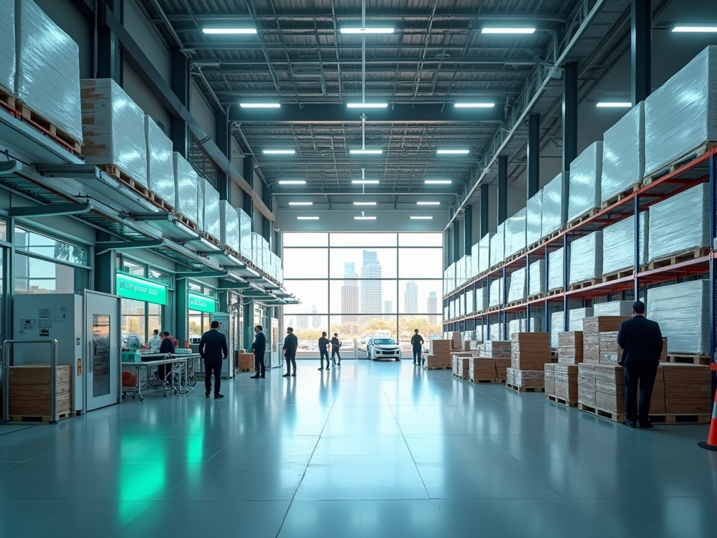 Modern warehouse interior with workers, pallet racks, and bright lights.