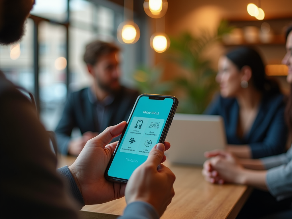 A hand holding a smartphone displaying a work-related app interface, with people conversing in the background.