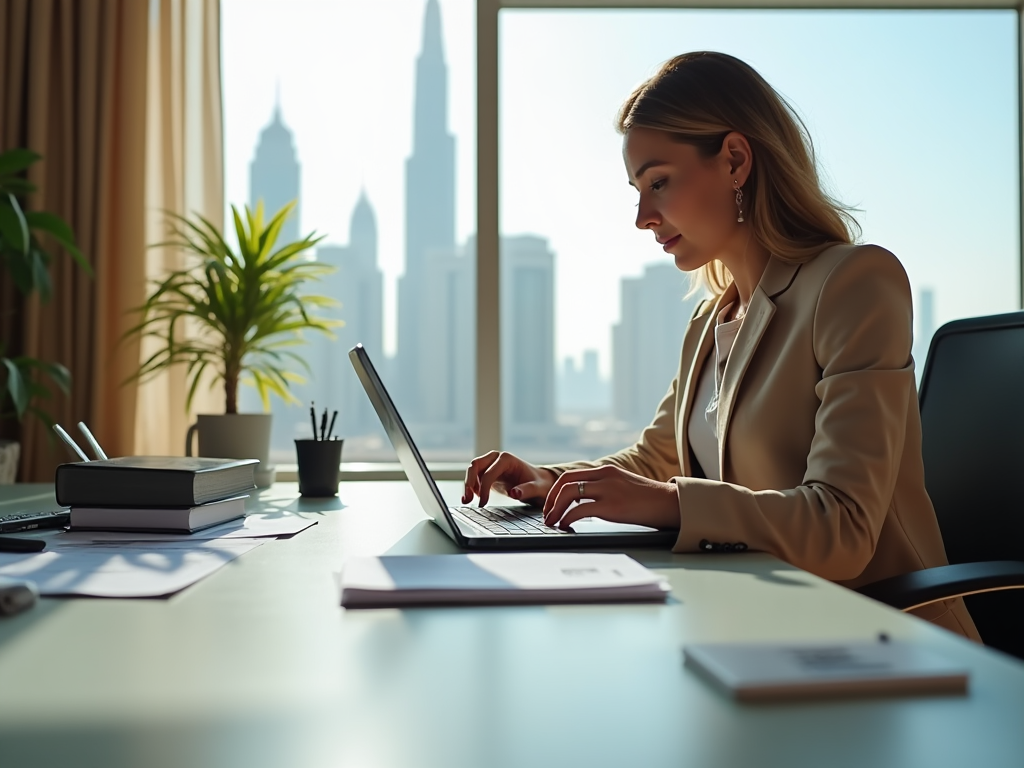 A woman working on a laptop in a sunlit office with a city skyline in the background.