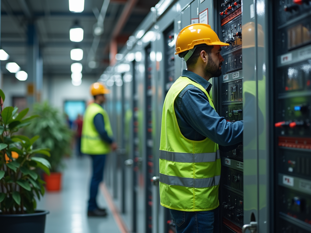 Two workers in reflective vests and helmets monitor equipment in a control room filled with electrical panels.