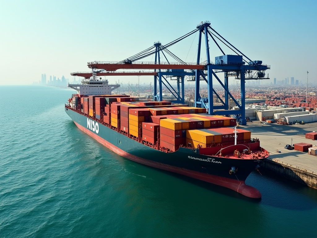 A large container ship, labeled "NISO," docked at a busy port with cranes and cargo containers.