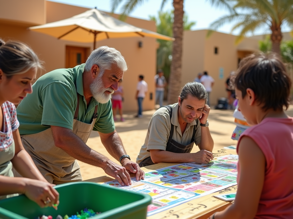 A group of four people engaged in a game at an outdoor table, with palm trees and buildings in the background.