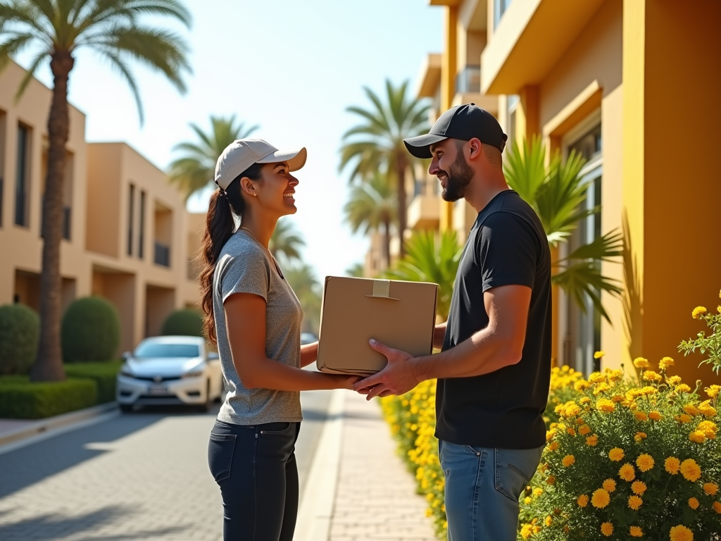 Man receiving a package from a woman on a sunny street with palm trees and colorful flowers.