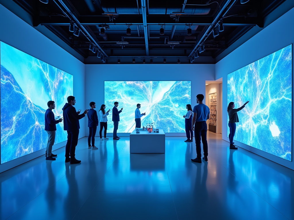 People interacting with large blue-colored, high-tech displays in a modern gallery setting.