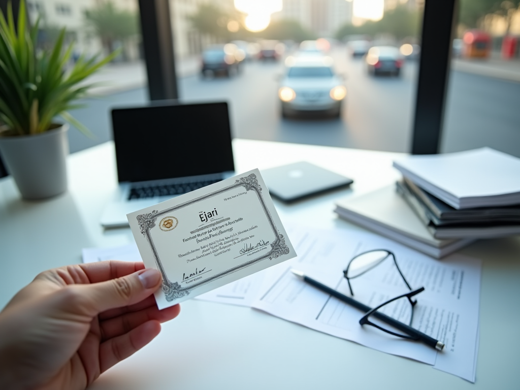 Hand holding Ejari certificate with laptop, papers, and glasses on desk, blurred city street in background.