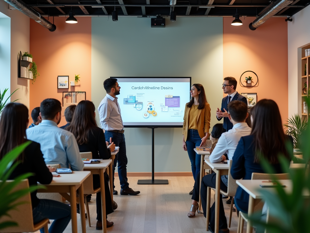 Three professionals presenting to a group in a modern office setting with a presentation screen.