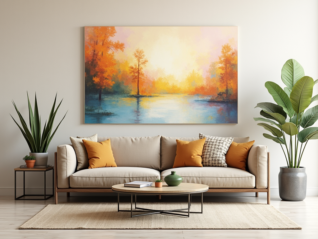 Modern living room with a large autumn landscape painting above a beige sofa, decorated with colorful pillows.