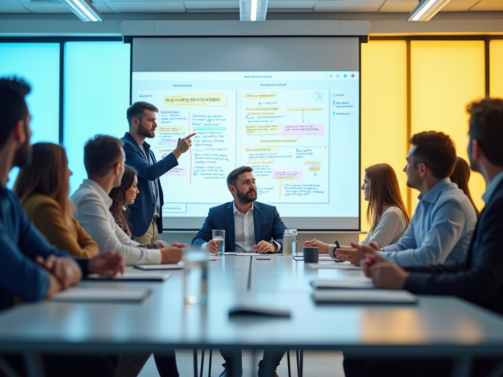 A man presents information on a screen to colleagues in a modern office meeting room.