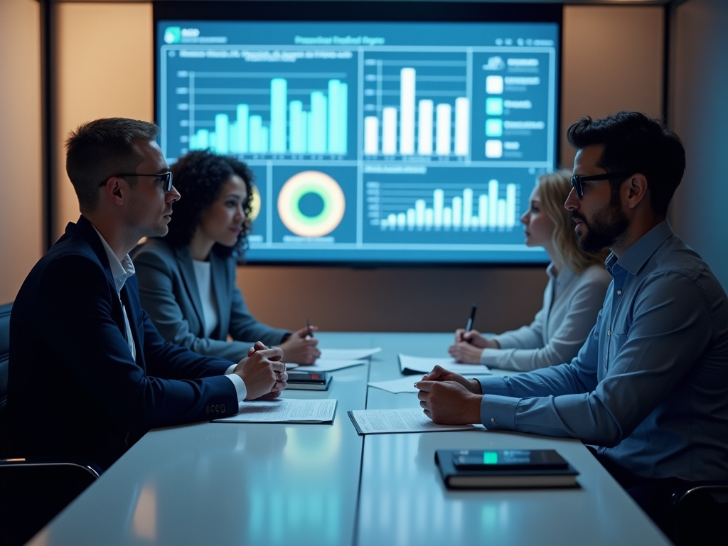 Four professionals at a meeting analyzing data on a digital presentation screen.