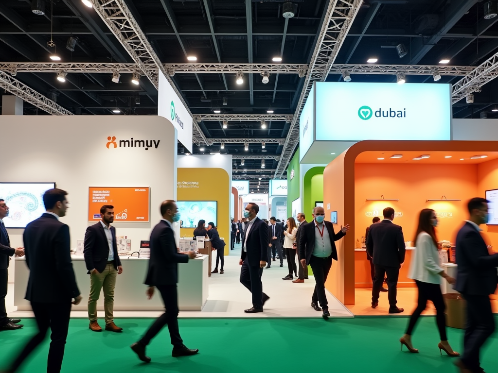 Business professionals walking at a busy trade fair with various company booths like "mimuy" and "dubai" displayed.