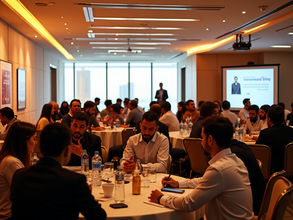 A business meeting in a conference room with attendees engaged in discussions and a presenter visible at the front.