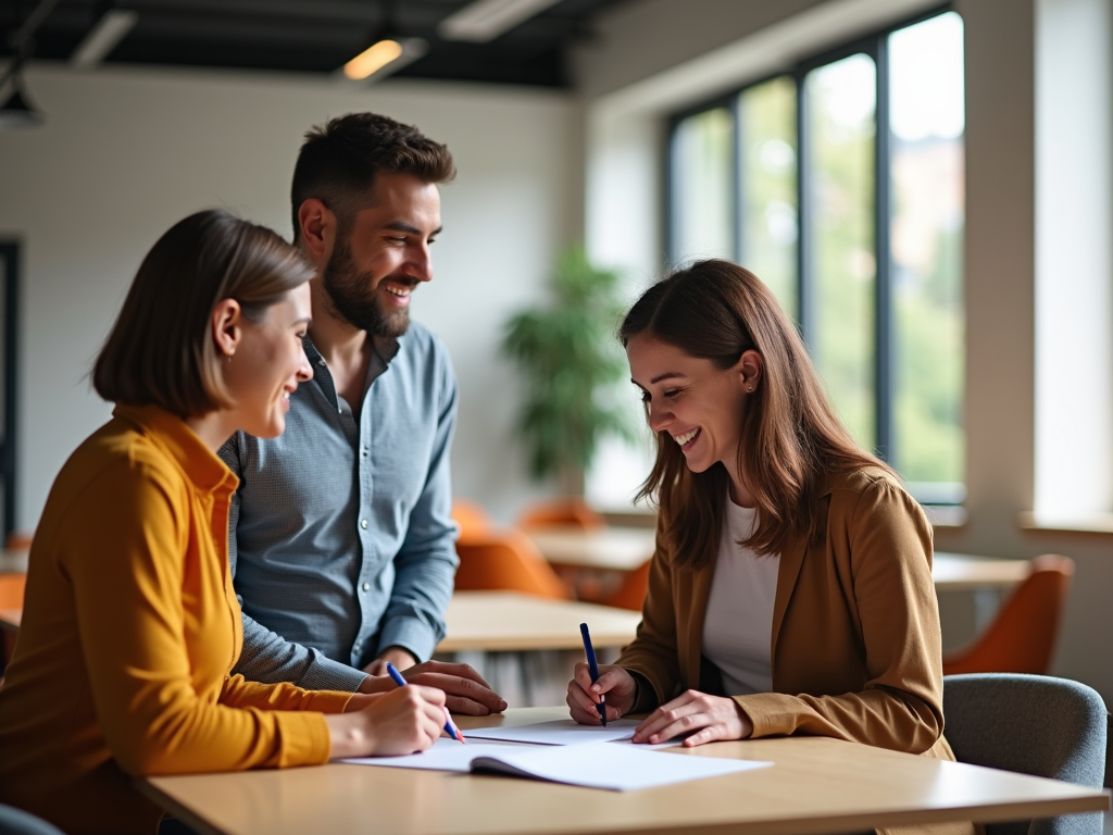 Three colleagues smiling and discussing over a document in a well-lit modern office.