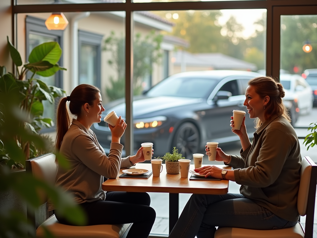 Two women enjoying coffee and conversation at a cafe table by the window.