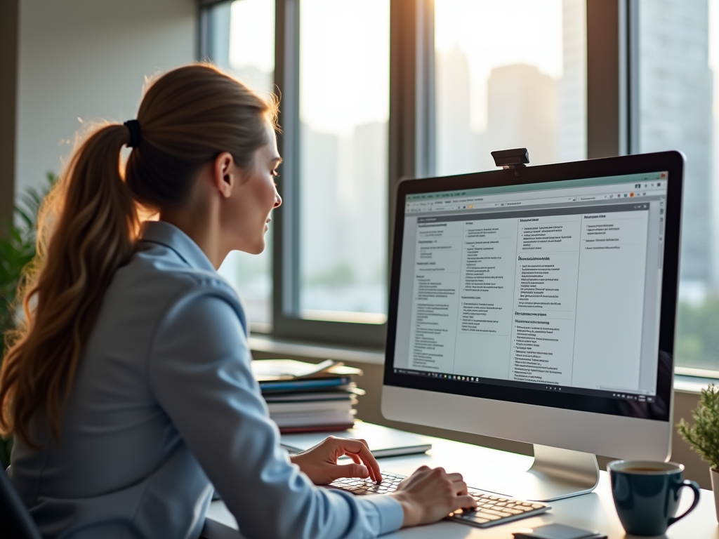 Woman working at a desk with a computer in a well-lit office, viewing an email interface.