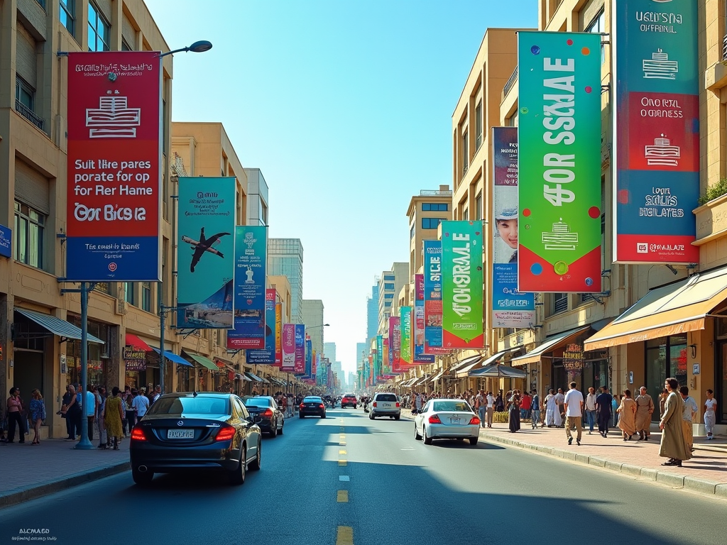 Bustling city street lined with cars and colorful banners, crowded with pedestrians under a clear sky.